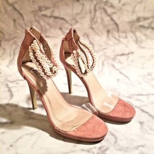 Pink Blush Suede Clear Perspex Ankle Pearl Straps